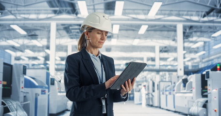 Aufkleber - Thoughtful Caucasian Female Engineer In Hardhat Monitoring and Analyzing Conditions at a Modern Tech Electronics Factory with Heavy Machinery Working with the Help of Artificial Intelligence Software