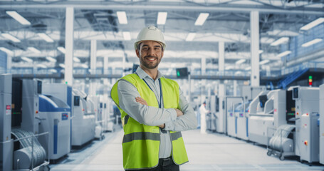 Poster - Portrait of Adult Caucasian Male Production Supervisor Looking at Camera And Smiling. Technician in Hardhat And Reflective Jacket at an Industrial Factory with Heavy Machinery Producing Electronics.