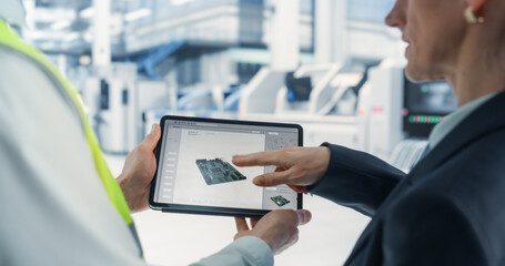 Poster - Caucasian Female Manager And Male Engineer Using Tablet Computer With Microchip Blueprints at Automated Electronics Factory. Colleagues Discussing Production Of Microprocessors for High-Tech Devices.