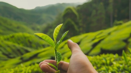 A Hand Holding a Tea Plant in a Green Tea Plantation