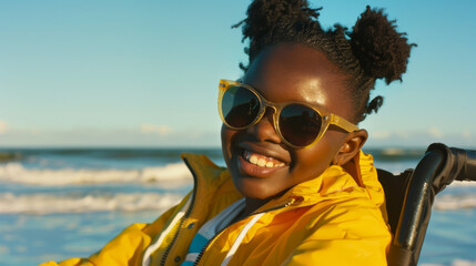 A cheerful individual in a bright yellow jacket and stylish sunglasses enjoys a sunny day by the beach from their wheelchair, radiating happiness.