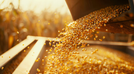 Poster - Golden corn kernels pour from a harvester into a bin below, bathed in the warm, glowing light of a setting sun on a bountiful farm.