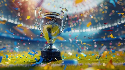 Football champion cup stands on a green grass field at a football stadium with the light of spotlights and confetti. football Cup final, Euro celebration.