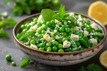 Pea and Mint Salad of blanched green peas tossed with fresh mint leaves, feta cheese, lemon juice, and olive oil.