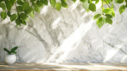 Poster - Sunny Summer Interior: Green Leaves, White Marble Wall, Wooden Table, Copy Space (Vertical)