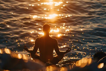 Wall Mural - Silhouette of a man in meditation pose on the shore at sunset, with the sun casting long shadows and illuminating the scene