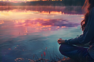 Wall Mural - Close-up of a woman meditating by a tranquil lake at sunset, with the sky and water reflecting warm, soothing colors 