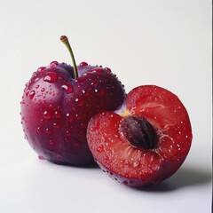 two pieces of fruit that are sitting on a table