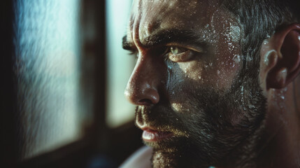 Wall Mural - A determined, sweat-drenched man intensely focuses, his ruggedly handsome face accentuated by dynamic lighting, depicting strength and perseverance.