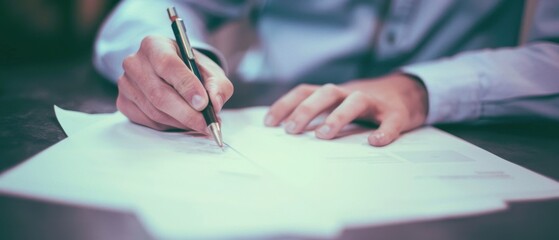 Office man signing a document with focus, office paperwork, authority and responsibility