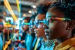 © Yuliia - diverse group of beautiful people wearing colorful eyeglasses collaborates on a holographic Gantt chart projected in the air, using AI assistance and robotic devices