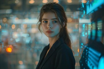 Beautiful businesswoman using holographic screens and AI to calculate invoices at her futuristic workplace.