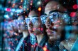 © Yuliia - Diverse group of young people in futuristic city, navigating holographic screens and AI assistants, elegantly dressed, wearing sleek eyeglasses, with beautiful male with well groomed beard