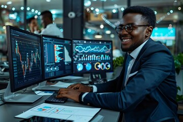 Wall Mural - Young Happy Businessman Using Holographic Computer Screens At Desk In Futuristic Office, African-American, Computer, Businessman, Business, Happy, Man, Office, Employee, Black, Strategic