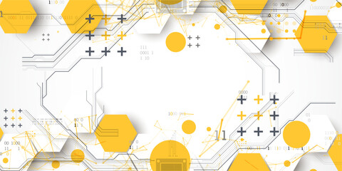 Abstract circuit board background with hexagons. Hi-tech digital technology concept. Hand drawn vector.