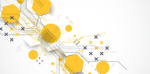 Abstract circuit board background with hexagons. Hi-tech digital technology concept. Hand drawn vector.