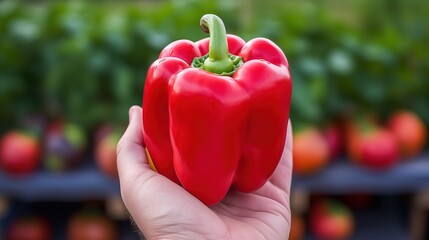 A person holding a large red bell pepper in front of a blurred background of various vegetables. The bell pepper is vibrant and fresh, showcasing its glossy skin and distinctive shape.