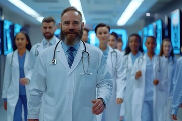 Beautiful, diverse medical team in modern tech uniforms, led by a well-groomed bearded doctor, walking in row in front of holographic screens.