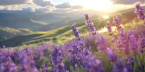 Wall Mural - Close-up of blooming lavender flowers in a field with a view of green mountains illuminated by bright and warm sunlight in the blurred background