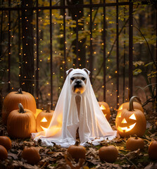 Sticker - Dog wearing a ghost costume sitting between pumpkins for Halloween.