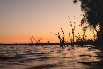 Sunset on the shore of Lake Yealering, an ephemeral salt lake in the Wheatbelt region, Western Australia