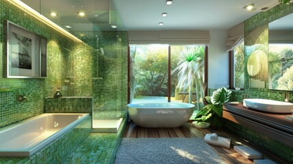 Stylish bathroom with green tiles and modern fixtures