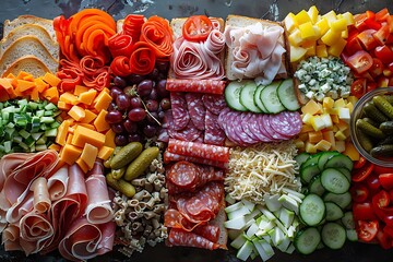 Wall Mural - Top view of different kinds of healthy food on black background