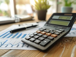 Business and finance concept. calculator and pen on desk with graph