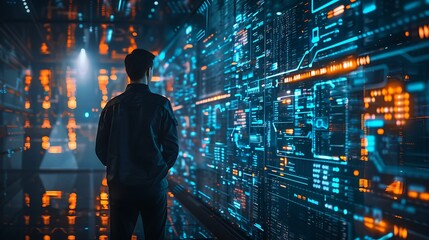 Cyber security system concept with engineer in server room background