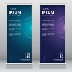 Modern roll up banner templates ideal for technology related promotions or other types of cyber events, such as tech expos, trade shows, hackathons, conferences, and workshops