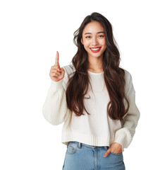 Wall Mural - Woman smiling and pointing at copy space on side of her face,isolated on white background.