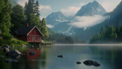 Wall Mural - Red Cabin by Mountain Lake