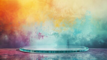 Aufkleber - A glass platform sits in front of a colorful, abstract background.