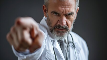 Wall Mural - portrait of a 50 year old doctor pointing with his finger as a warning