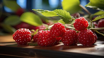 Wall Mural - Delicious fresh raspberries on blur background