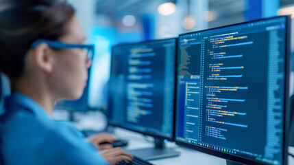 a focused software developer wearing glasses is coding on multiple monitors in a high-tech office.