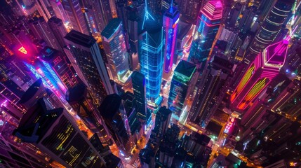 Canvas Print - Aerial view of skyscrapers lit up in different colors during a festive night event in the city.