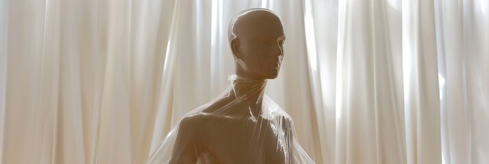 Wall Mural - A mannequin is standing in front of a curtain. The mannequin is covered in plastic and is wearing a white dress. The curtain is white and is partially open, allowing light to shine through