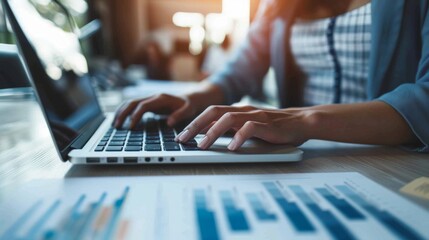 Poster - Close-up of a businesswoman's hands typing on a laptop keyboard, working on financial reports and budget planning.