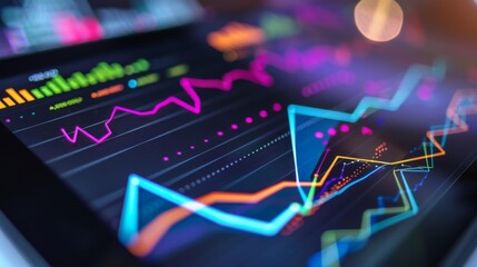 Aufkleber - Close-up of a line graph on a digital tablet screen, showing financial trends with colorful lines.