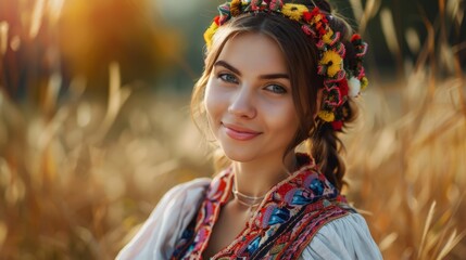 Wall Mural - smiling young ukrainian woman wearing traditional clothes