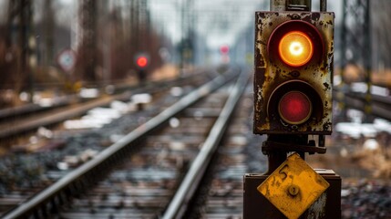 Poster - Close-up of a semaphore signal pole on a railway track, showing a clear indication for train traffic.