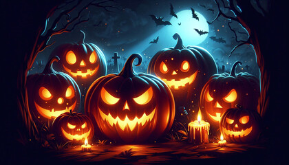 Sticker - Illustration of illuminated carved pumpkins with different evil faces in darkness at Halloween night