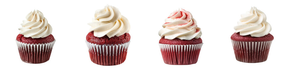 Delicious red velvet cupcakes topped with creamy white frosting. Perfect for any celebration or dessert occasion.