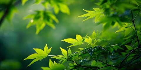 Poster - A lush green tree with leaves that are wet