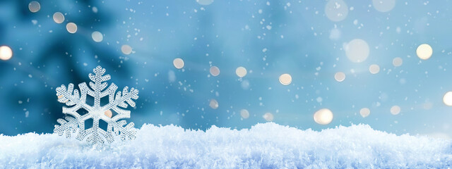 Wall Mural - festive winter snow background with snowdrifts, silver decorative snowflake on a blue background wit