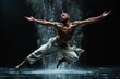 © Milos - An expressive and dynamic image of an athlete performing a powerful leap with water splashing around, symbolizing strength, agility, and the beauty of the human form in motion.