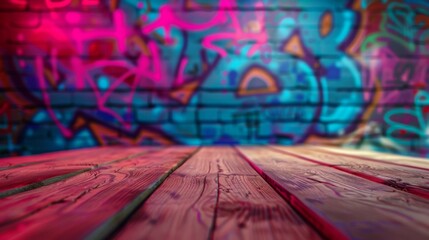 Aufkleber - A close-up of a wooden plank set against a blurred backdrop of a graffiti wall, with vibrant pink and blue colors.