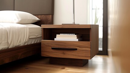 Wall Mural - Minimalist side table with clean lines and wood finish in a modern bedroom