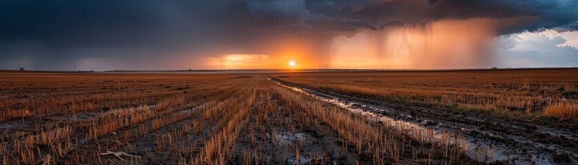 Wall Mural - A field of dry grass is flooded with water